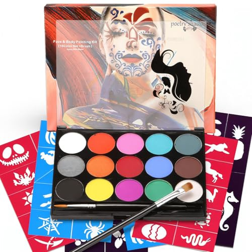 Gesichtsbemalungs-Set, 15 Farben, Palette mit 2 Pinseln, 6 bunten Schablonen-Aufklebern, sicher für empfindliche Haut, geeignet für Erwachsene, Kinder, Halloween-Party, Karneval