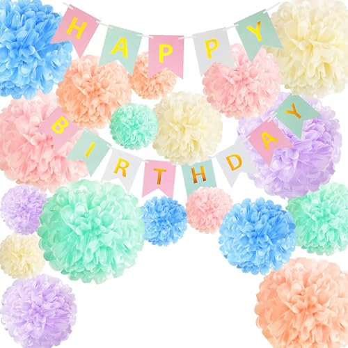 TREABEAR - 19 pezzi di decorazione multicolore per compleanno, motivo: fiori di carta arcobaleno, decorazione Happy Birthday in lettere inglesi, carta decorativa per baby shower, festa in giardino