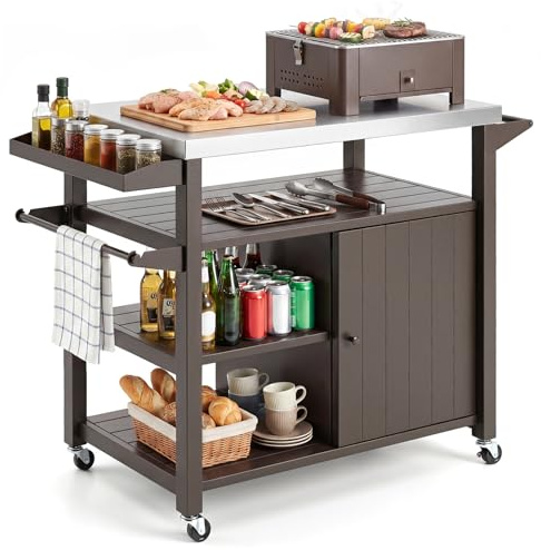 COSTWAY Chariot de Barbecue de Grill Extérieur, Desserte de Jardin avec Armoire de Rangement Étagères et Plateau en Acier Inoxydable Porte-épices pour BBQ, 116 x 50 x 87 cm