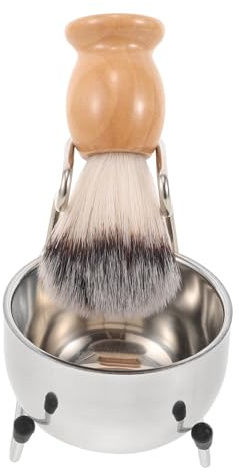 Genérico Set de Brocha y Tazón de Afeitar para Hombre Acero Inoxidable Cerdas de Nylon Mango de Madera Soporte Incluido Kit Completo para Cuidado de Barba y Afeitado Tradicional