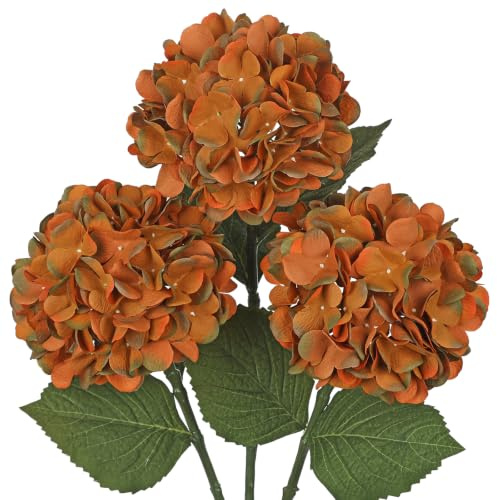 Hollyone Set med 3 hortensia konstgjorda blommor mörk orange, Ø 17 cm hortensia-blommor konstgjorda sidenblommor som äkta hortensior dekoration blommor för bröllop, hem, kontor, mellersta stycken