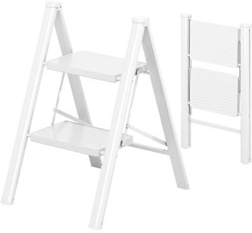 KINGRACK Folding 2 Step Ladder, Wide Non-Slip Treads, Heavy Duty Step Stool | with Safety Lock, 330lbs Load Capacity , Portable Multi-Purpose Ladder for Home, Kitchen, Office, Garage, Beige