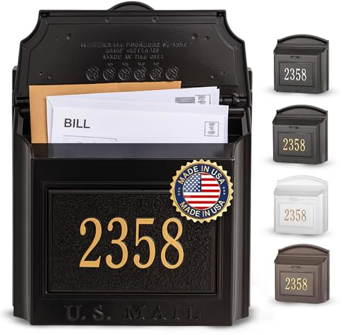Whitehall Locking Mailbox Wall Mounted - Large Aluminum Mailbox with Gold House Numbers, Weather-Resistant Mail Box for House Front Door, Heavy Duty Mail Holder, Vintage Mailboxes for Outside - Black