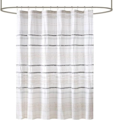 INK+IVY NEA 100% Cotton Shower Curtain Boho Tassels, Multi-Color Stripe Print Machine Washable, Modern Home Bathroom Décor Bathtub Privacy Screen, 72 x 72, Off White/Gray