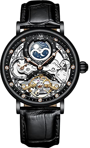 RORIOS Herren-Armbanduhr, wasserdicht, mechanisch, Lederarmband, Skelett, automatische Uhrenbeweger, Klassische Armbanduhr für Männer, Schwarz, Klassisch
