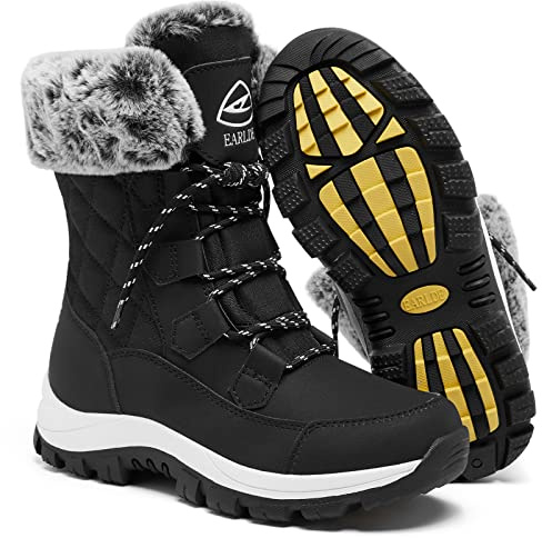 EARLDE Women’s Snow Boot With Waterproof Lace Up Mid-Calf Outdoor Winter Deep Tread Rubber Sole Size 8