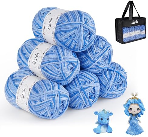 ilauke Hilo Acrílico para Tejer Azul,6x50g Hilos de Punto a Mano,600m Hilos para Tejer Crochet,Hilo de Algodón para Ganchillo y Manualidades para Principiantes y niños con 1 Bolso Organizadora Negra