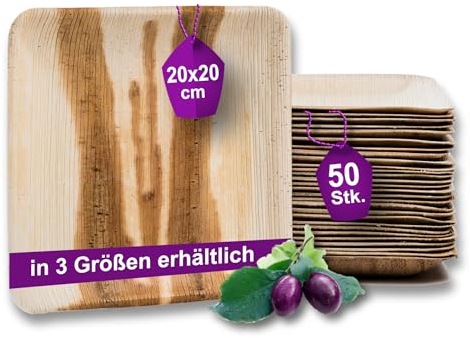 Waipur 50 Platos Desechables de Hoja de Palma Orgánicos - Cuadrado 20x20 cm - Vajilla Ecológica - Estable, Natural y Compostable - Elegantes para Fiestas - como Menaje de Bambu