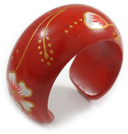 Avalaya Pulsera grande de madera con flores rojas/posibles irregularidades naturales, talla L, Inner diameter 68 - 70mm, Madera, No es una piedra preciosa