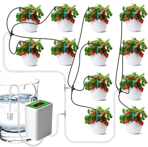 Sistema de riego automático, Actualizado 12 kits de riego por goteo para plantas de interior, pantalla LED y dispositivos de riego recargables USB para plantas en macetas