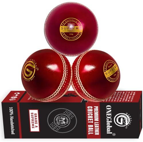 ONEGlobal Supreme Cricketball av äkta läder, 4 delar, handsydda cricketbollar, matchkvalitet, hårda cricketbollar (seniorer, 156 g, 3-röd)