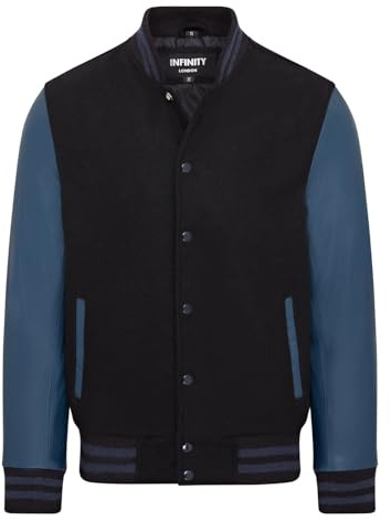 Infinity Leather Letterman Baseball Chaqueta Bomber Universitaria de Cuero Azul de Lana Negra