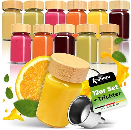 Ingwer Shotgläser 12er Set - Mini Gläser mit Bambusdeckel & Edelstahl Trichter [60ml] - Shot Flaschen zum Befüllen - Auslaufsicher, Vielseitig für Ingwer Shot, Säfte, Gewürze, Cocktails & mehr