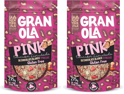 LA NEWYORKINA. Granola Pink con Chocolate Blanco y Fresas. Snack Crujiente y Delicioso para Desayuno y Merienda. Granola Artesanal Sin Gluten en Envase de 275gr (Paquete de 2)