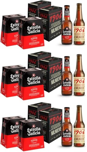 Estrella Galicia y 1906 Pack Combinado de Cervezas de 24 Botellas - Incluye 2 packs de 1906 Reserva Especial 33 cl y 2 Packs de Estrella Galicia Especial 25 cl (Paquete de 3)