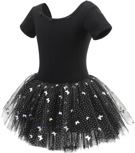 ANTLOOWW Robe de Ballet Danse pour Fille,Paillettes Coton Tenue de Ballet,Justaucorps de Danse Manches Courtes de Ballerine avec Jupe Tutu 2-11 Ans (FR/ES, Numérique, 120, Taille Normale, Noir)