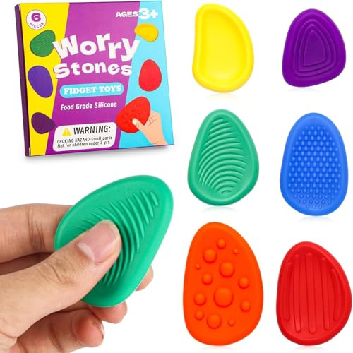 JoyJoyful Fidget leksaker för barn vuxna, 6 st sensoriska leksaker med hårt bekymrande stenar för autism ADHD, tyst texturerad klassrumsfidget för ångestlindring, icke-klibbiga lugnande gåvor