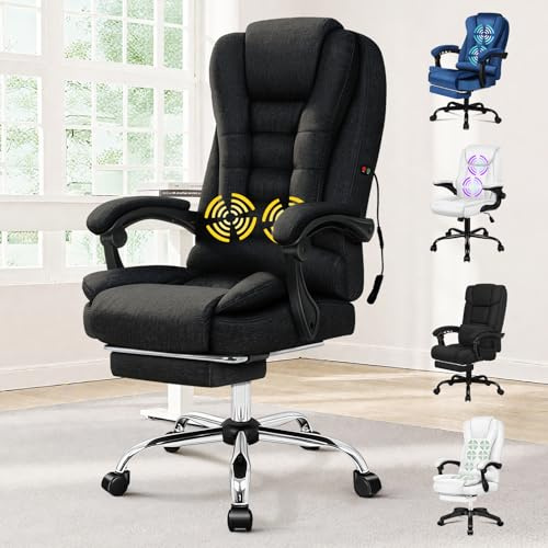 ALFORDSON Ergonomisk skrivbordsstol med massage, verkställande kontorsstol med ländrygg och nackkudde, justerbar höjd, för dator, arbetsrum, reception eller hem, stöder 180 kg, linnetyg (svart)