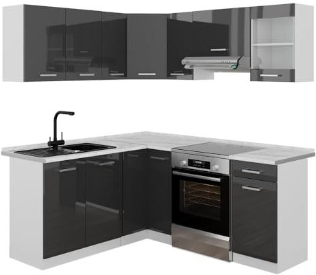 Vicco Eckküche Rick, Anthrazit Hochglanz/Weiß, 187 x 167 cm | AP Marmor, mit modular erweiterbaren Elementen für flexible Küchenplanung