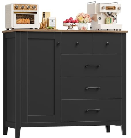 HOCSOK Credenza Cucina, Mobiletto con 5 cassetti e 1 Anta, Armadio di Stoccaggio in Legno Salvaspazio con Ripiano Regolabile, per Soggiorno, Sala da Pranzo, Cucina, Nero e Marrone