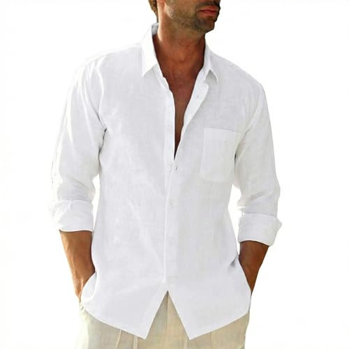 SEAYIJIA Camicia Uomo in Cotone-Lino a Maniche Lunghe, con Tasca, Camicia Casual da Spiaggia, Regular Fit, Camicia d'Estate, Bianco M