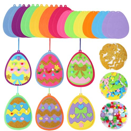 24 Stück Ostereier Basteln Kinder, Ostereier zum Aufhängen mit Filz und Selbstklebenden Moosgummi Teilen, Kreative Bastelhandwerk Ostern Basteln DIY für Frühling, Osterdeko Anhänger, Ostergeschenke