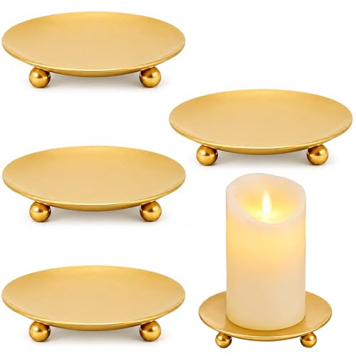 4 Pcs Gold Candle Holders, 9 cm Metal Candle Plates for Pillar Candles | Durable metal candle trays; raised rims catch wax and protect tables; ideal for weddings, parties and home décor