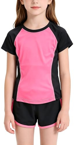 Echinodon Mädchen Sport-Set 2tlg Schnelltrockend T-Shirt + Shorts Trainingsanzug für Jogging Yoga Sommer Sportanzug Rot 120