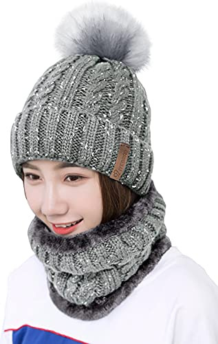 Damen Wintermütze Schal Set,Warm Weichem Innenfutter Strickmütze und Schal mit Fleecefutter,Winter Wärme Beanie Mütze Strickschal Set,Schlauchschal Hüte Mützen mit Kunstpelz Bommel Pom