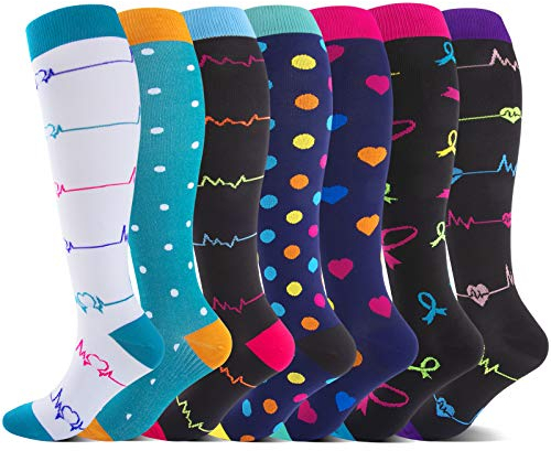 Jefshon Kompressionsstrümpfe für Damen Herren，Bunte Stützstrümpfe Kompressionssocken For Sport，Laufen Flugreisen Schwangerschaft Krankenschwester Medical Marathon (7Paar-L/XL)
