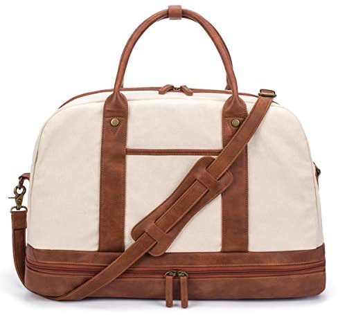 Bolso de viaje Weekender para mujer de tela de lona, gran bolso de viaje para mujer con compartimento para zapatos, perfecto para viajes de mujeres o uso diario, beige, 48.26 x 24.13 x 33.02 cm