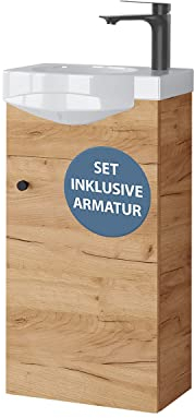 Planetmöbel Badmöbel Set Waschtisch mit Unterschrank 40 x 60 x 29 cm mit Waschtischarmatur schwarz für Badezimmer, Gäste WC & Bad, Gold Eiche