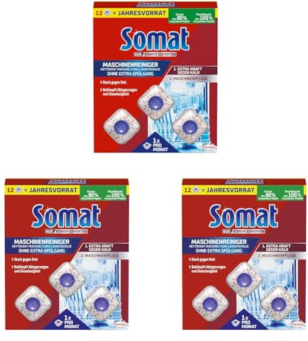 Somat Maschinenreiniger Tabs Anti-Kalk (12 WL), Spülmaschinenreiniger für monatlichen Gebrauch, Reinigungs-Tabs für die Spülmaschine, kein extra Spülgang (Packung mit 3)