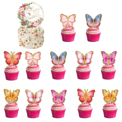 EIHI Decoration Gateau, Cake Topper, Decoration Gateau, Decoration Anniversaire, Happy Birthday Deco Gateau Pour FêTe de D'Anniversaire de Filles GarçOns (Papillon), 13 pièce
