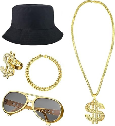 YUNHENTONG Dollar Kette Hiphop Kostüm Set,5 Stück Hop Rapper Kostüm Zubehör,Herren Zuhälter Kostüm,80er 90er Jahre Herren Hip Hop Zubehör Halskette Pimp für Fasching Karneval