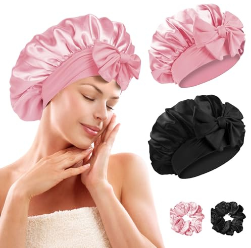 Lot de 2 bonnets en satin de soie douce pour dormir, bonnet de nuit avec bande élastique, bonnet de bain pour cheveux longs, raides et bouclés