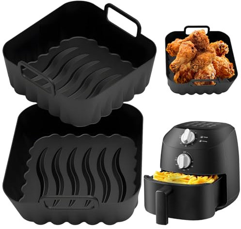 Sahunfri 2 Pack Silicone Air Fryer Liners Compatible with Midea 2L Air Fryer, Reusable Non-Stick Air Fryer Silicone Liner with Handles for Easy Grip, Dishwasher Safe BPA-Free Airfryer Liner (Black-2)