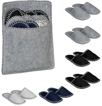 Relaxdays Gästehausschuhe 6 Paar, Hausschuhe Set mit Tasche, Größen 36-45, Filzpantoffeln, Antirutsch-Sohle, Mehrfarbig