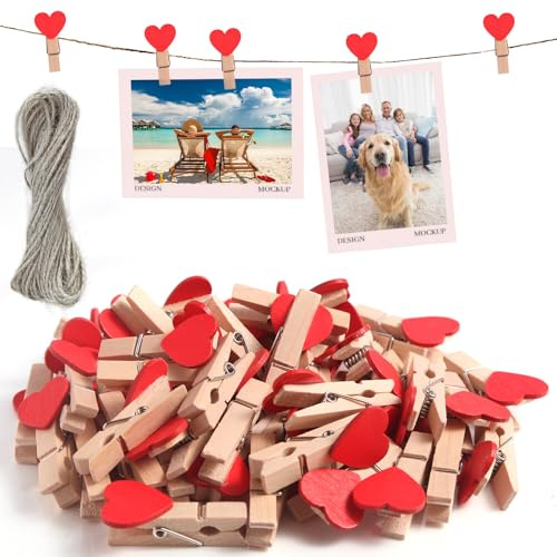 msymsyu Pinzas Pequeñas Madera 120 PCS, Mini Pinzas de Madera 3.5x0.7cm, con 50m de cordón, Mini Pinza Maderas para Colgar Fotos y Postales, y para Todo Tipo de Decoraciones de Fiesta | Pinzas de madera de corazón rojo para colgar fotos y postales Se utilizan y todo tipo de decoraciones de fiesta