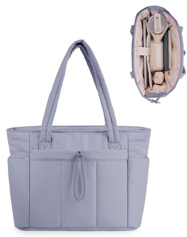 Wandering Nature Bolso Mujer Acolchado Grande, Bolso Shopper Mujer con Compartimento para Portátil 15.6 y Portabotellas 40oz para Negocios Escuela Viajes, Gris Azulado(Patente en Trámite)
