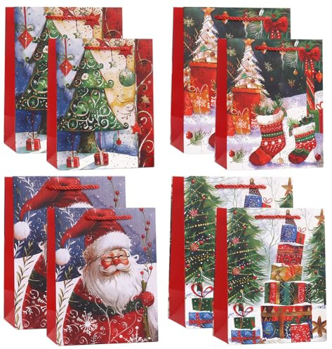 8 Stück Geschenktüten Weihnachten,Weihnachtstüten Geschenktüte Mit Henkel, Wiederverwendbare Weihnachtsgeschenktüten Mit Griffen,2 Verschiedene Größen,Nikolaus Tüten,Weihnachtstüten Papier (Stil-B)
