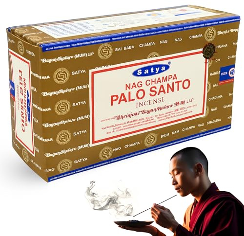 Varillas de Incienso, Incienso Nag Champa Palo Santo, Original Enrollado a Mano de la India, meditación y relajación, Contiene 12 Cajas de Varillas de 15 g (180 Varillas en Total)