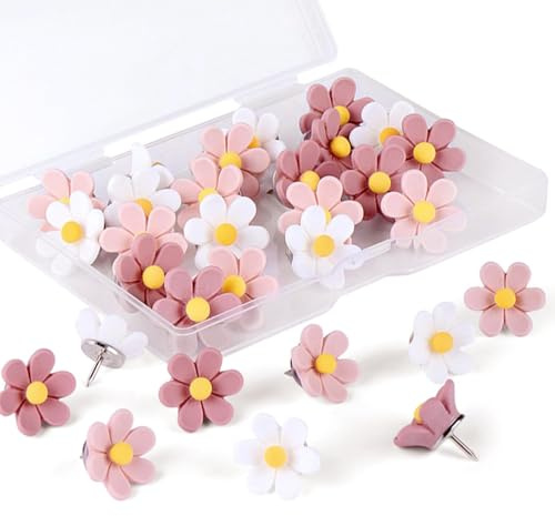50 Pcs Flower Drawing Pins, Cute Flower Push Pins for Cork Board & Notice Board - Decorative Thumbtacks for Pin Board, Wall Decorations and Photos in White, Pink & Dark Pink | Flower Push Pins Kit