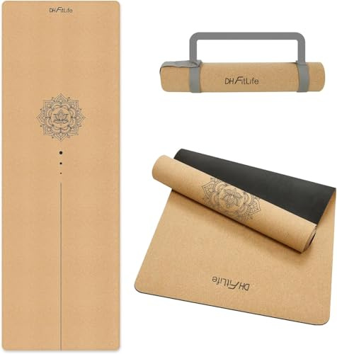 DH FitLife Korkyogamatta Halksäker i Naturgummi, Klar att Användas Direkt, Lätt att Rengöra, Träningsmatta för Yoga och Pilates (Lotus Flow)