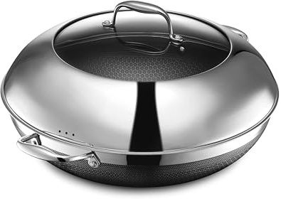 HexClad Hybrid Nonstick 35 cm Wok with Steel Lid, Dishwasher and Oven Safe, Induction Ready, Compatible with All Cooktops