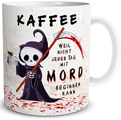 TRIOSK Tasse Kaffee Mord mit Spruch lustig Kaffeeliebe Fun Horror Geschenk für Arbeit Büro Kaffeeliebhaber Kollegen Männer Frauen Freundin Beige, Keramik 300ml