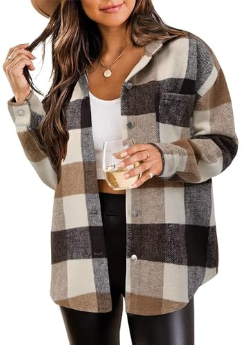 Timuspo - Camicia a maniche lunghe in flanella a quadretti da donna, stile plaid shacket, casual, in cotone, con bottoni, risvolto, giacca cappotto, Marrone, XL