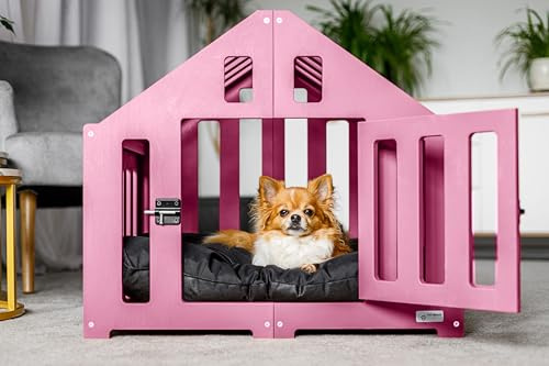 Pet World Design Hundehütte aus Holz, Hundekäfig Verschließbar, Tierhaus, Hundelaufstall, Hundehaus, Haustierbox, Hund, Katze, Indoor, Rosa