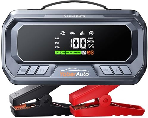 Arrancador de Baterias de Coche con Compresor de Air, 6500A 160PSI YaberAuto Arrancador de Coche Portatil (Todo Gas/12,0L Diesel) con 65W Carga Rápida, Inflador, Pantalla Grande y Linterna LED