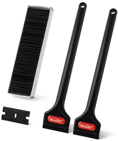 NEWISHTOOL 2 Pcs Long Handle Plastic Razor Blade Scraper With 100 PCS Spare Replacement Blades, Sticker Remover Glue Residue Tool for Hard to Reach Corner